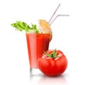 Red tomato and glass of juice isolated on white Royalty Free Stock Photo