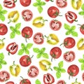 Red tomato, green basil and yellow bell pepper seamless pattern. Watercolor. Royalty Free Stock Photo