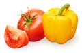 Red tomato with green leaf, slice and yellow bell pepper Royalty Free Stock Photo