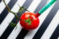 Red tomato with green stem on a striped black and white background stabbed with medical syringe