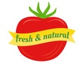 Red tomato with green stem, yellow banner with text fresh natural . Organic food label, healthy eating concept vector