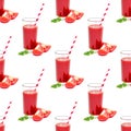 Red tomato juice in the glass with slices repeat seamless pattern on white background. Royalty Free Stock Photo