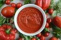 Red Tomato Ketchup, Fresh red tomatoes, background Royalty Free Stock Photo