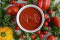 Red Tomato Ketchup, Fresh red tomatoes, background Royalty Free Stock Photo