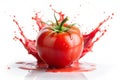 Red tomato with paint splash. Red tomato with paint splash isolated on white background Royalty Free Stock Photo