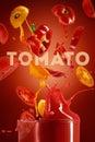 Red tomato with pait splash on red background