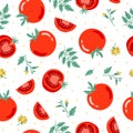 Red tomato seamless pattern vector illustration. Cut tomato, tomato slice, leaves, flowers and tomato seeds. Cartoon