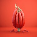 Red tomato with seeds, sitting on top of pile of small red peppers. The tomato is positioned in center of scene, while