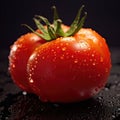 Red tomato is sitting on black surface, with water droplets visible on its skin. The tomato appears to be fresh and Royalty Free Stock Photo