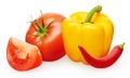 Red tomato with slice, chili and yellow bell pepper Royalty Free Stock Photo