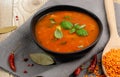 Red Tomato Soup with Barley, Potato, Carrot, Cabbage and Cereals Royalty Free Stock Photo