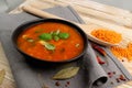 Red Tomato Soup with Barley, Potato, Carrot, Cabbage and Cereals Royalty Free Stock Photo