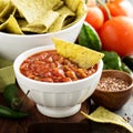 Red tomato spicy salsa with chips