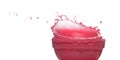 Red tomato strawberry juice spill splash in glass bowl, Red blood wave fall in air. Red Wine colored explosion spill out up. White Royalty Free Stock Photo