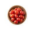 Red tomatoes lay on white background. Top view. Cherry tomatoes on a wooden bowl isolation. Tomatoes isolated on a white backgroun Royalty Free Stock Photo