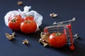 Red tomatoes, overturned supermarket carts and torn pieces of paper are scattered against a dark background. Concept of trade