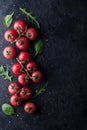Red tomatoes sprinkled with salt on a dark concrete background. View from above. Fresh juicy tomatoes with salt and herbs Royalty Free Stock Photo