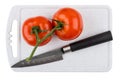 Red tomatoes on stem and knife on plastic cutting board