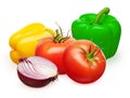 Red tomatoes, yellow and green bell peppers, half of onion Royalty Free Stock Photo