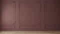 Red tone wall with classic style mouldings and wooden floor, empty room interior, 3d render