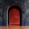 Red-toned archway corridor with ambient lighting