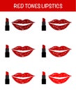 Red tones lipsticks, lipstick on lips, lipsticks vector