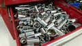 Red Tool box shiny metal sockets Royalty Free Stock Photo