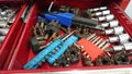 Red Tool box tray old screwdriver bits heads