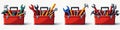 Red toolbox full of assorted tools. Variety of tools like wrenches screwdrivers hammers,. Practical collection. Design for Royalty Free Stock Photo