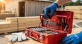 Red Toolbox With Organized Hand Tools On Wooden Workbench At Construction Site Royalty Free Stock Photo