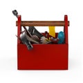 Red toolbox with tools. Sckrewdriver, hammer, handsaw and wrench. Under construction, maintenance, fix, repair, premium