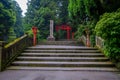 Red Tori Gate at Fushimi Inari Shrine, with stoned stairs located in Kyoto, Japan Royalty Free Stock Photo