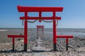 3 red torii gates and blue sky at Oouo Shrine by sea, Tara, Saga Royalty Free Stock Photo