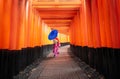 Red Torii gates with woman in kimono holding Blue umbrella at  Fushimi Inari,Japan Royalty Free Stock Photo