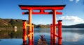 Red torii on the Hakone lake, Japan