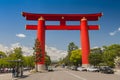 Red torii of Heian Jingu Shrine under the blue sky in Kyoto Japan Royalty Free Stock Photo