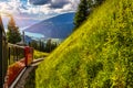 Flowerbed of the Swiss flag with boat cruise on the Thun lake and Alps mountains, Oberhofen, Switzerland. Swiss flag made of Royalty Free Stock Photo