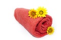 Red Towel Rolled Up with 3 Gazanias