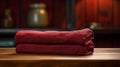 Red Towels On Wooden Table: Dark Maroon, Warmcore, Biedermeier
