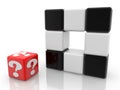 Red toy block with question marks next to black and white toy blocks Royalty Free Stock Photo