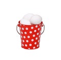 Cute red bucket with white dots full of eggs. Isolated on white