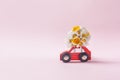 Red toy car delivering beautiful bouquet of wild flowers on pink background. Flower delivery conncept