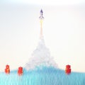 Red toy robots watch cute vintage rocket launch with soft fluffy smoke on light blue background on blue grass 3d render