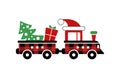 Red toy train and wagon with Christmas gift, tree, hat with buffalo plaid ornament in red, black. Vector flat illustration. Royalty Free Stock Photo