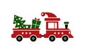 Red toy train and wagon with Christmas gift, tree, hat isolated on a white background. Vector flat illustration. Royalty Free Stock Photo
