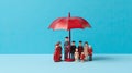 Red toy umbrella and wooden doll figures on a blue background. Insurance coverage concept. Generative Ai