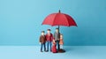 Red toy umbrella and wooden doll figures on a blue background. Insurance coverage concept. Generative Ai