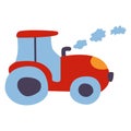 Red tractor with blue windows and wheels. Yellow headlights. Smoke clouds from exhaust pipe. Cartoon doodle style. Agriculture or Royalty Free Stock Photo