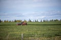 Red tractor on a bright green field under a blue sky in Clearwater, Canada Royalty Free Stock Photo