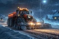 A red tractor driving down a snow-covered road. Perfect for winter themes Royalty Free Stock Photo